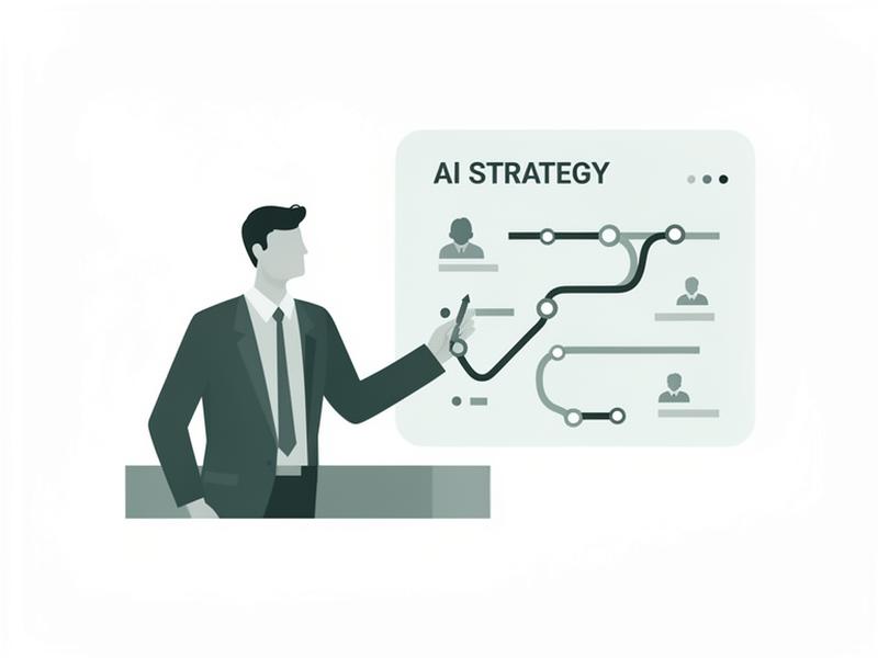 Consultor presentando estrategia de inteligencia artificial en pizarra corporativa