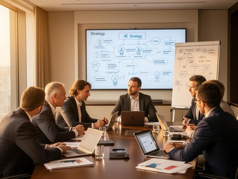 Workshop de estrategia de IA con comité de dirección en sala de juntas